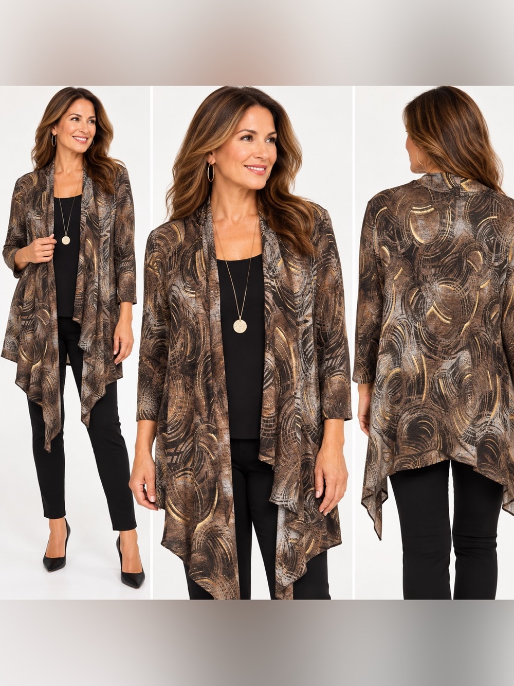 Chico’s Size 3 Brown Gold Metallic Abstract Print Open Front Cardigan